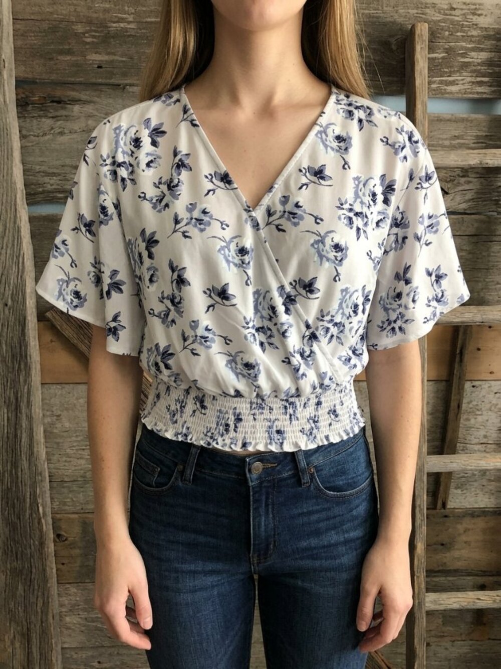 RICKI'S Size Small Light Blue Floral Front Crossover Top